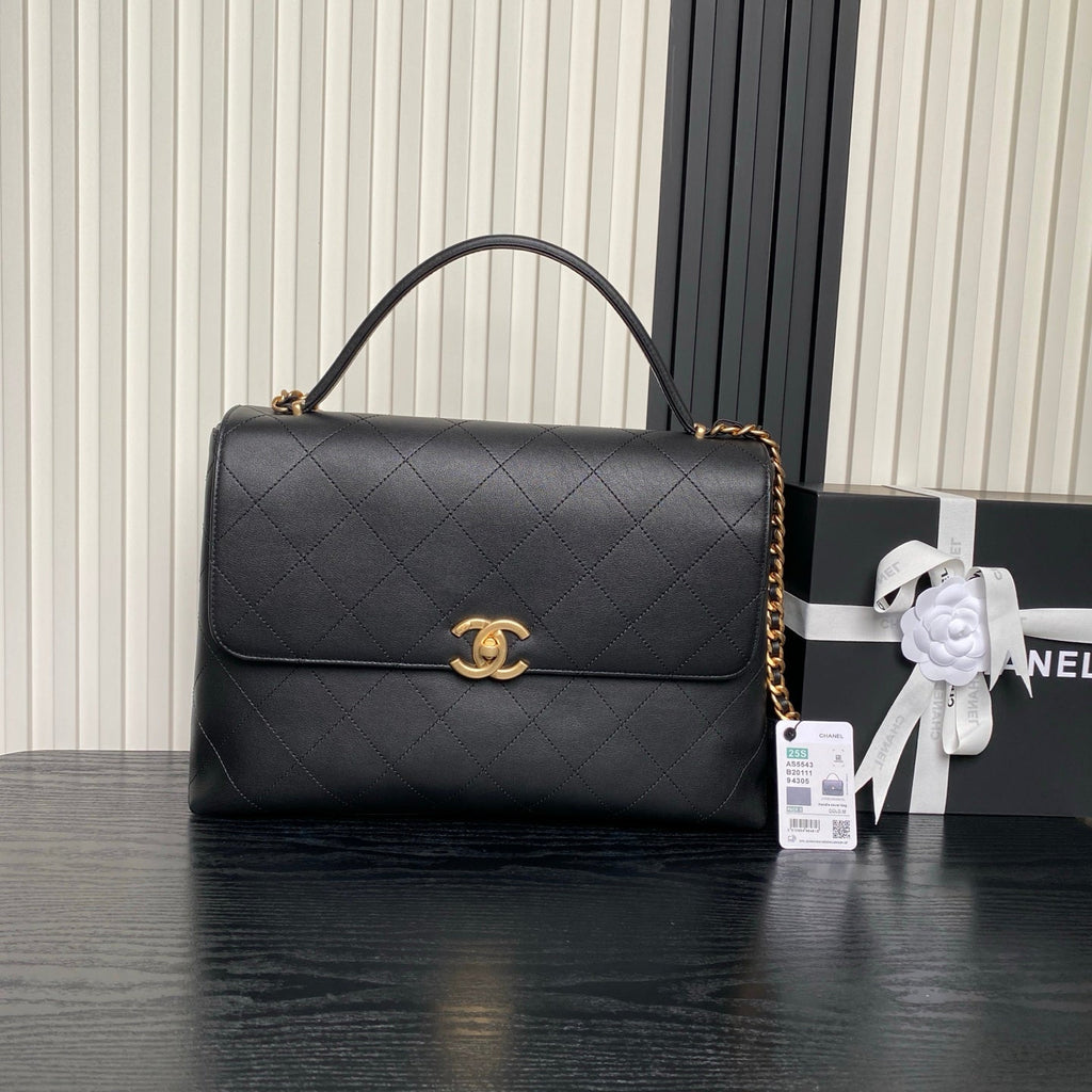 CHANEL 25S TOP HANDLE SHOULDER BAG 37 IN BLACK CALFSKIN WITH GOLD HARDWARE