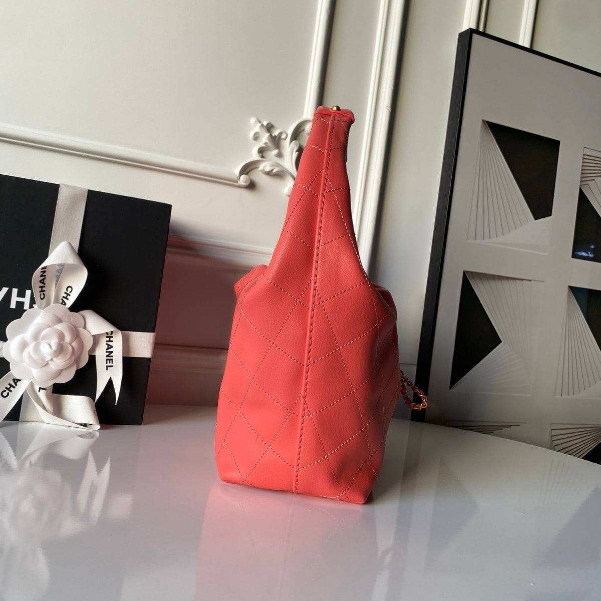 CHANEL 25S HOBO BAG 32 IN CORAL RED LAMBSKIN