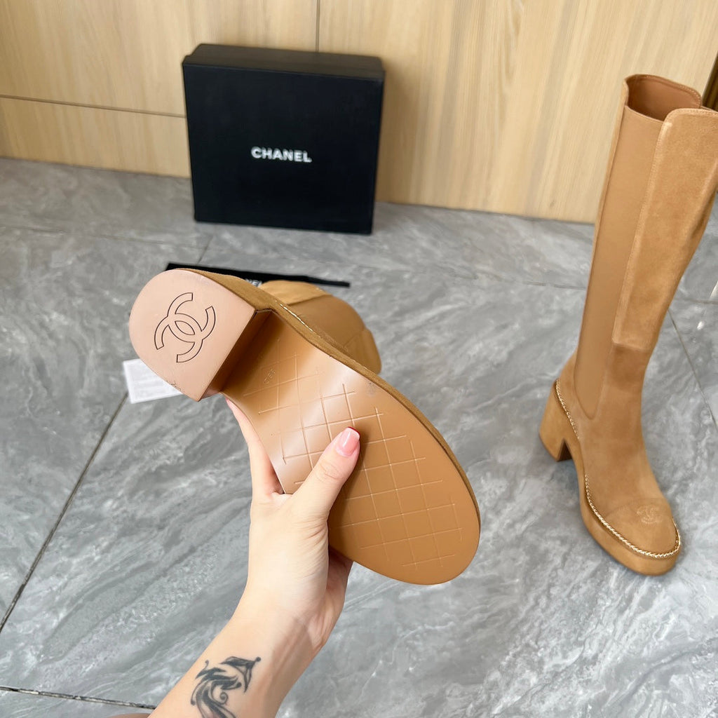 CHANEL 25S HIGH BOOTS STRETCHY SHAFT 85MM IN CARAMEL SUEDE GOLD HARDWARE