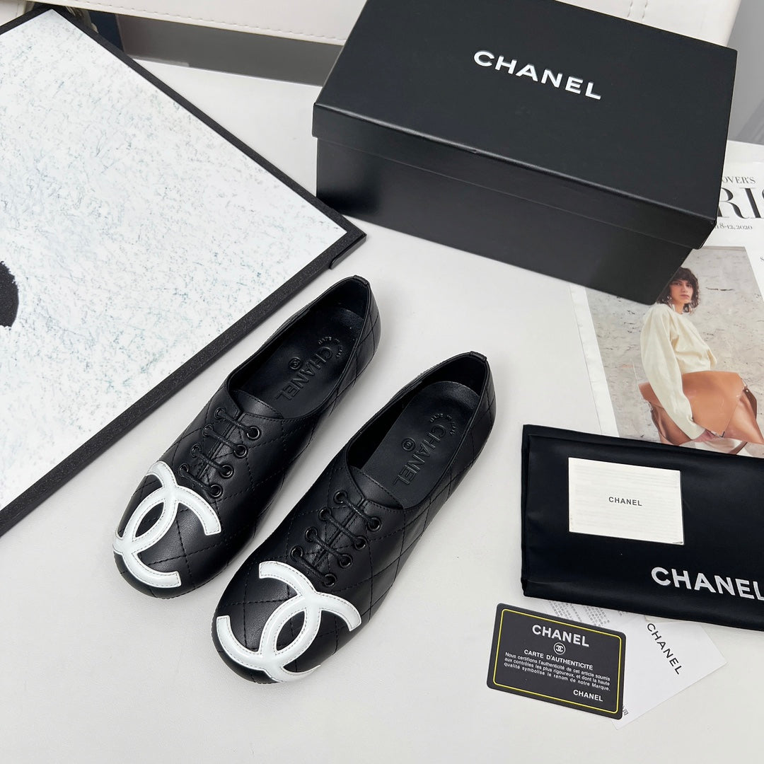 CHANEL 25S DANCE SHOES WITH PRINTED LOGO IN BLACK CALFSKIN
