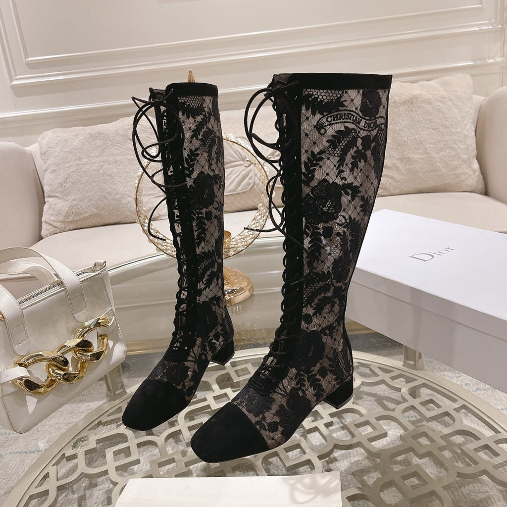 DIOR NAUGHTILY-D BOOT BLACK TRANSPARENT MESH AND SUEDE EMBROIDERED WITH ROSES MOTIF 35 MM
