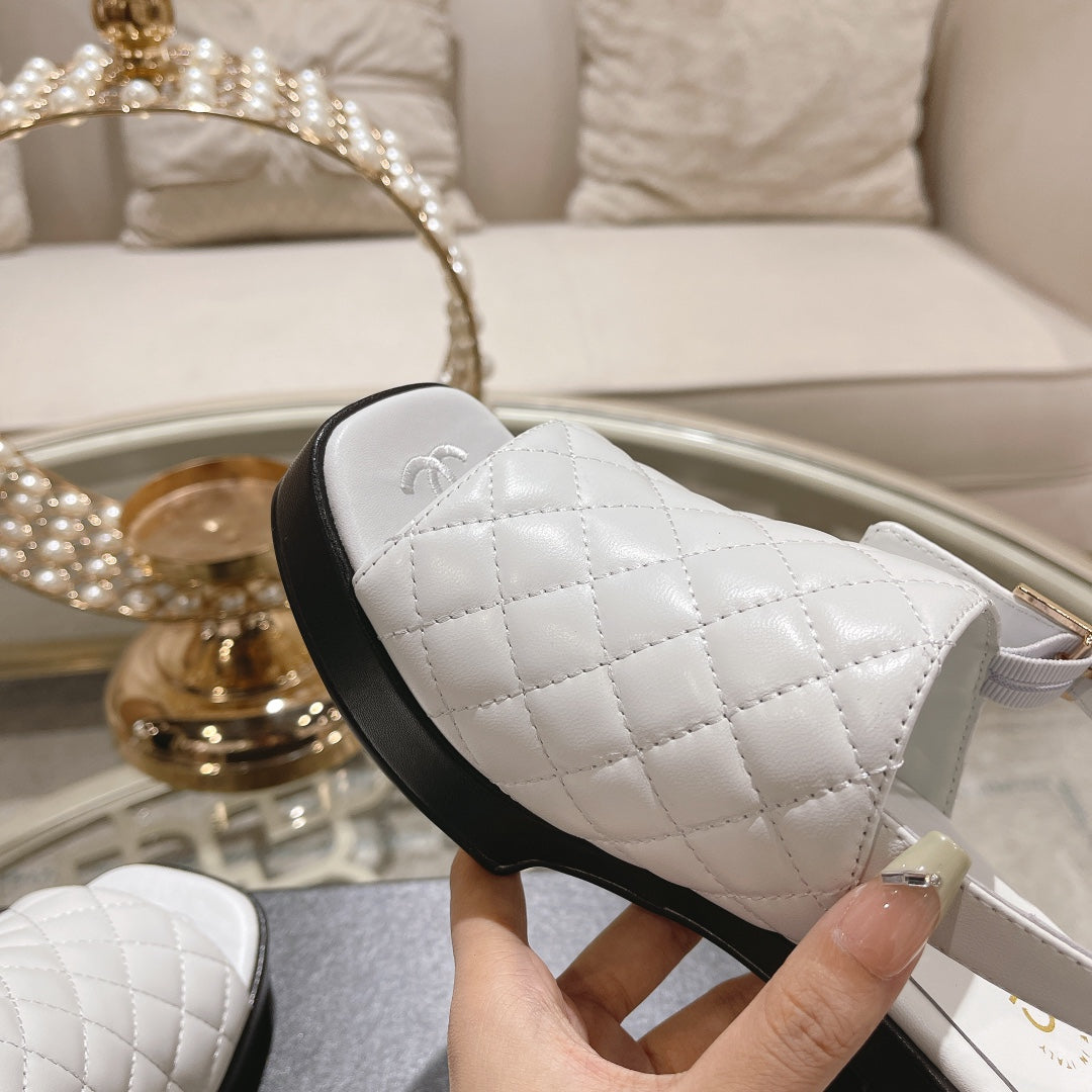 CHANEL Double C  Chunky Heel Peep-Toe Open Sandals White Lambskin
