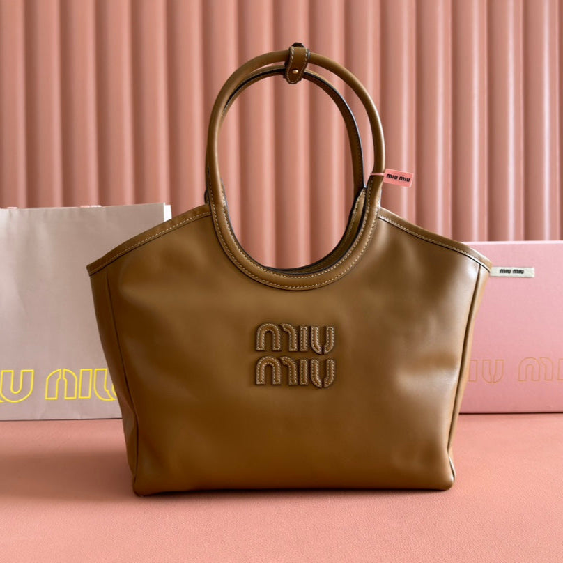 MIUHOBO TOTE 28 IN BROWN CALFSKIN FABRIC LINING GOLD LOCK