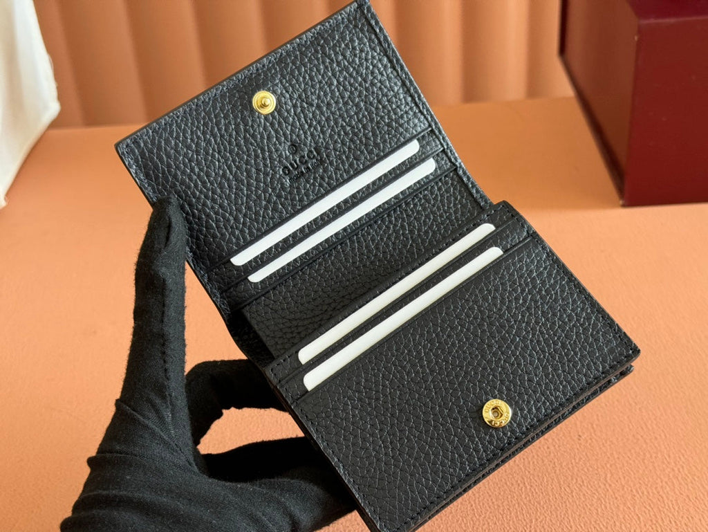 GUCCI MARMONT BI-COLOUR CARD CASE WALLET 11 IN BLUE BEIGE EBONY  CANVAS BLACK CALFSKIN