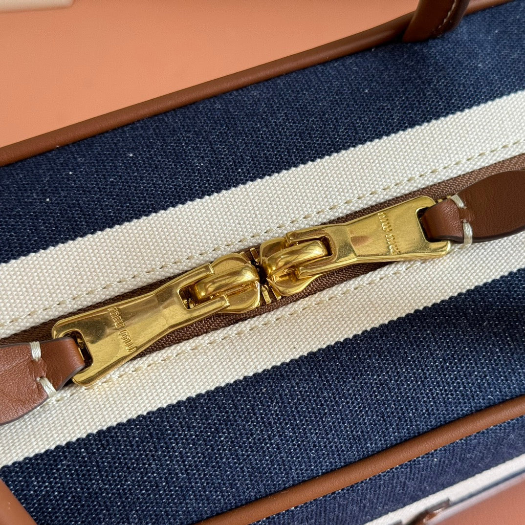MIUMIU 25S BEAU BAG 34 DARK BLUE AND IVORY IN CANVAS AND CALFSKIN