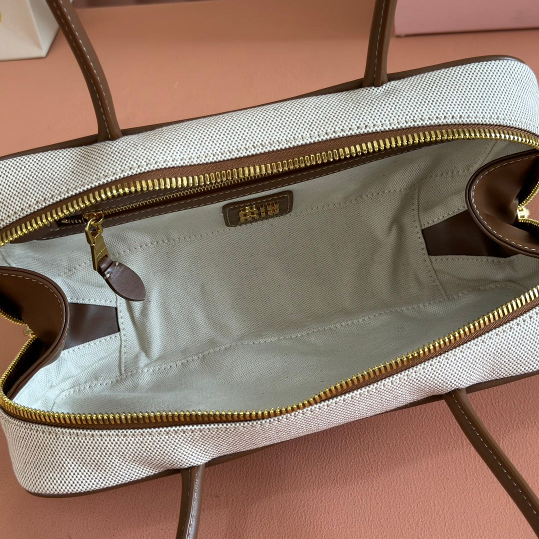 MIUMIU 25S BEAU CANVAS BAG 28 IN BEIGE CANVAS AND BROWN CALFSKIN