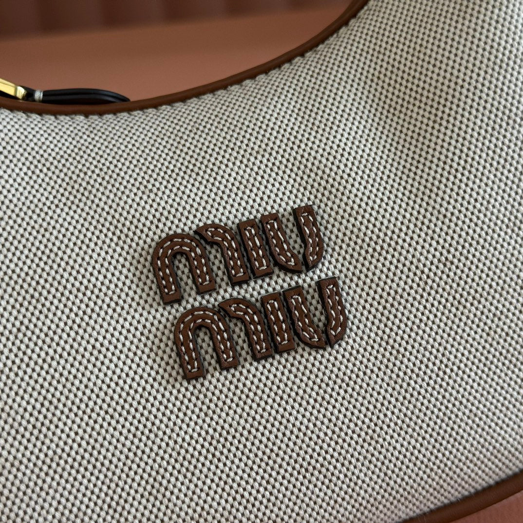 MIUMIU 25S WANDER BAG 20 IN BEIGE CANVAS AND BROWN CALFSKIN