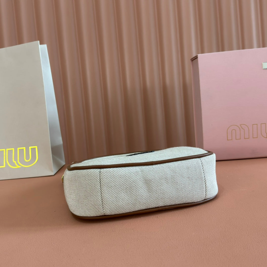 MIUMIU 25S WANDER BAG 20 IN BEIGE CANVAS AND BROWN CALFSKIN