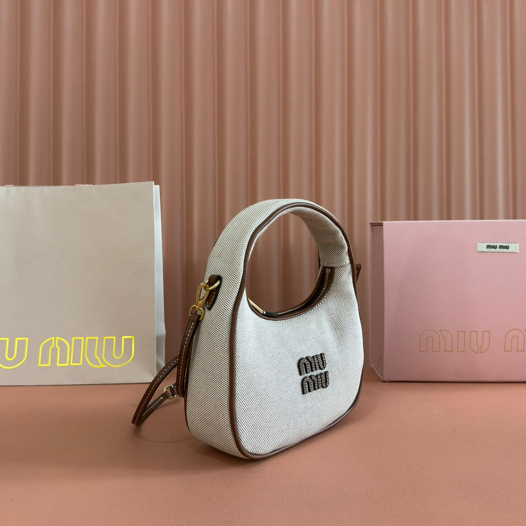 MIUMIU 25S WANDER BAG 20 IN BEIGE CANVAS AND BROWN CALFSKIN