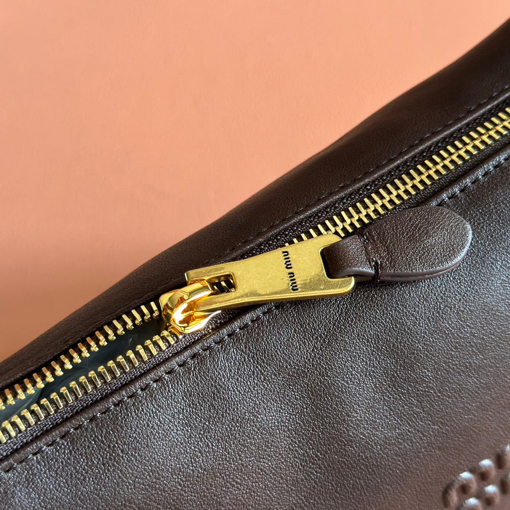 MIUMIU 26S CORDUROY POUCH BAG 25 IN DARK BROWN CALFSKIN GOLD HARDWARE