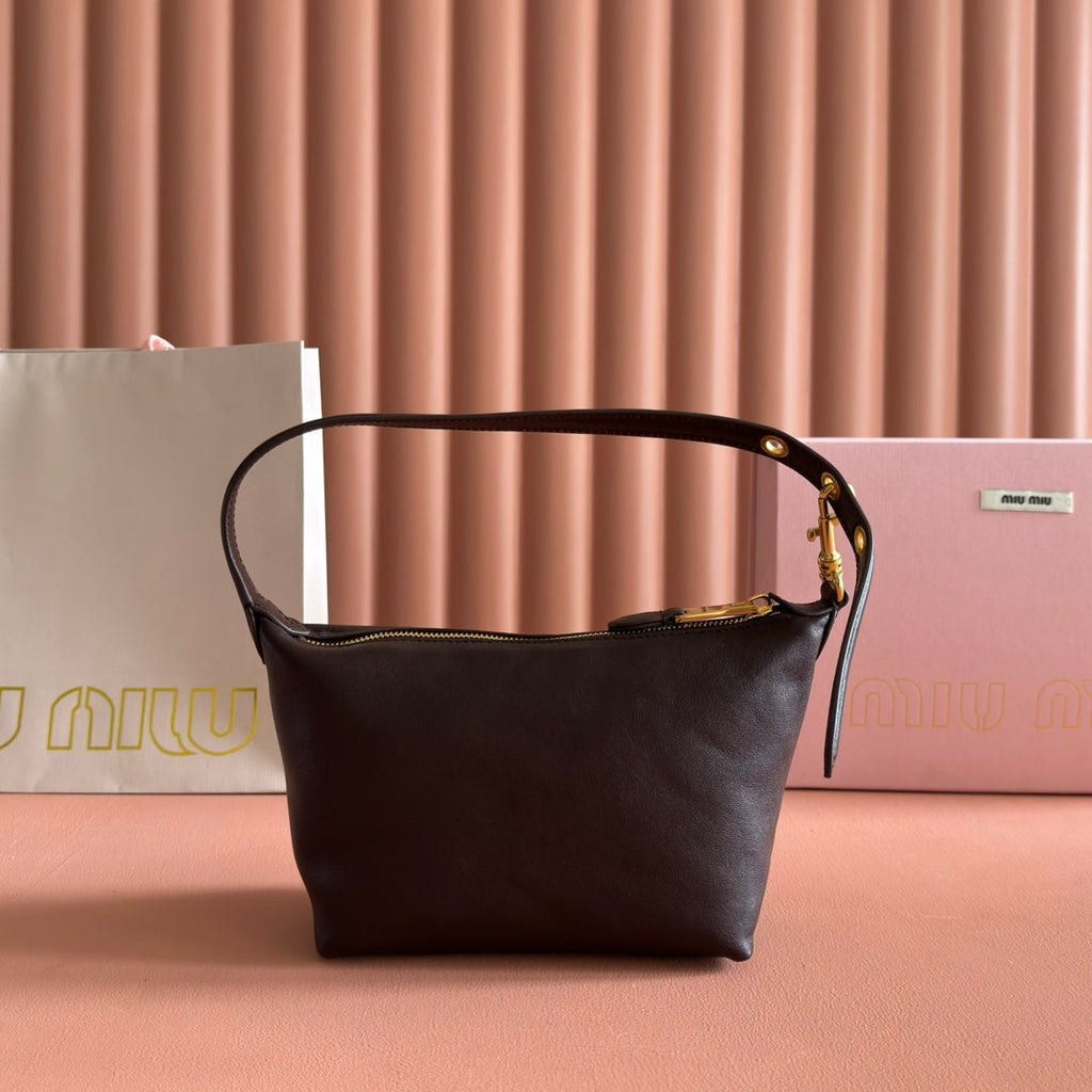 MIUMIU 26S CORDUROY POUCH BAG 25 IN DARK BROWN CALFSKIN GOLD HARDWARE