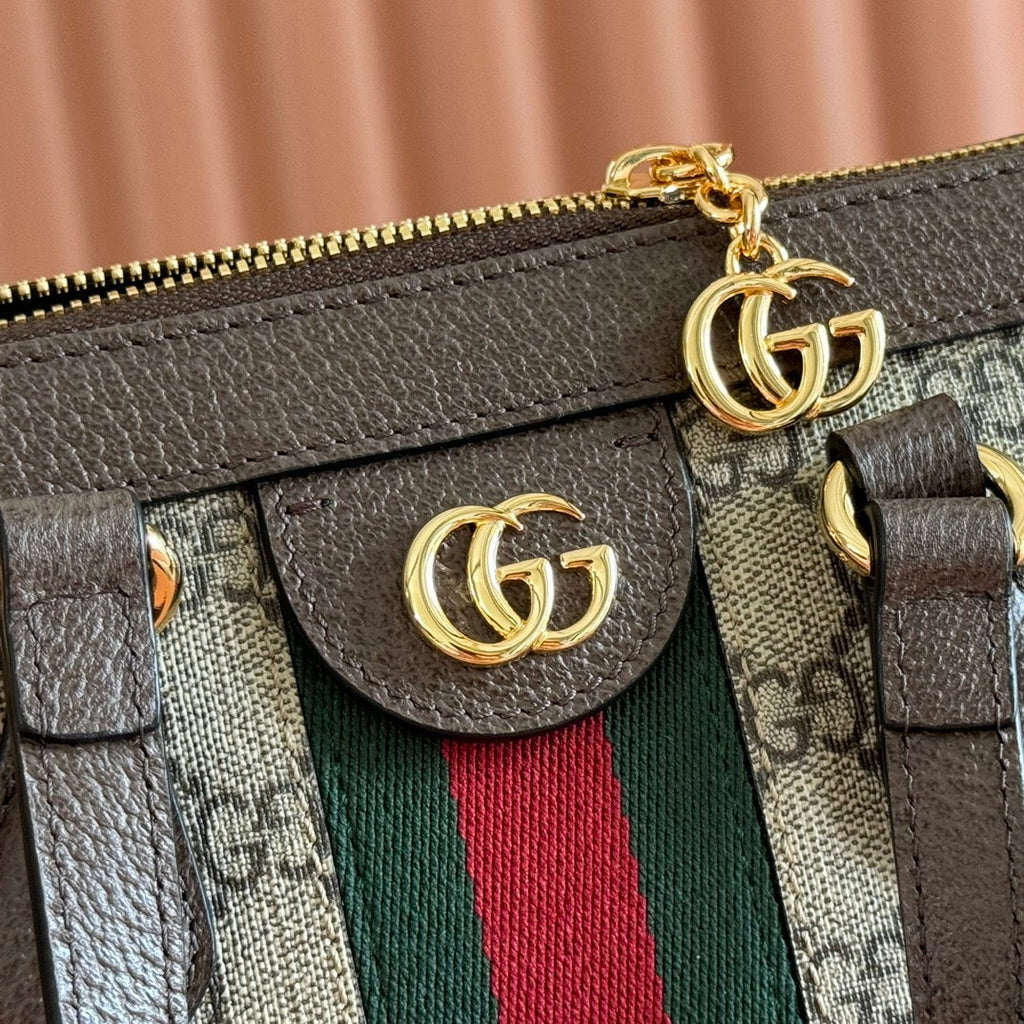 GUCCI 26S OPHIDIA HANDBAG 25 IN BROWN AND DARK BEIGE CALFSKIN