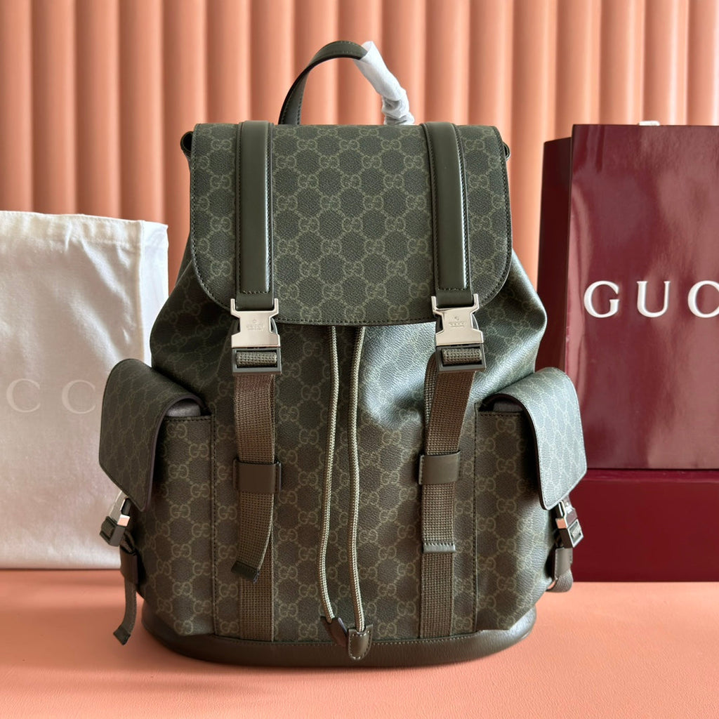 GUCCI 25S BACKPACK 46 CM IN MOSS GREEN CALFSKIN WITH SILVER HARDWARE