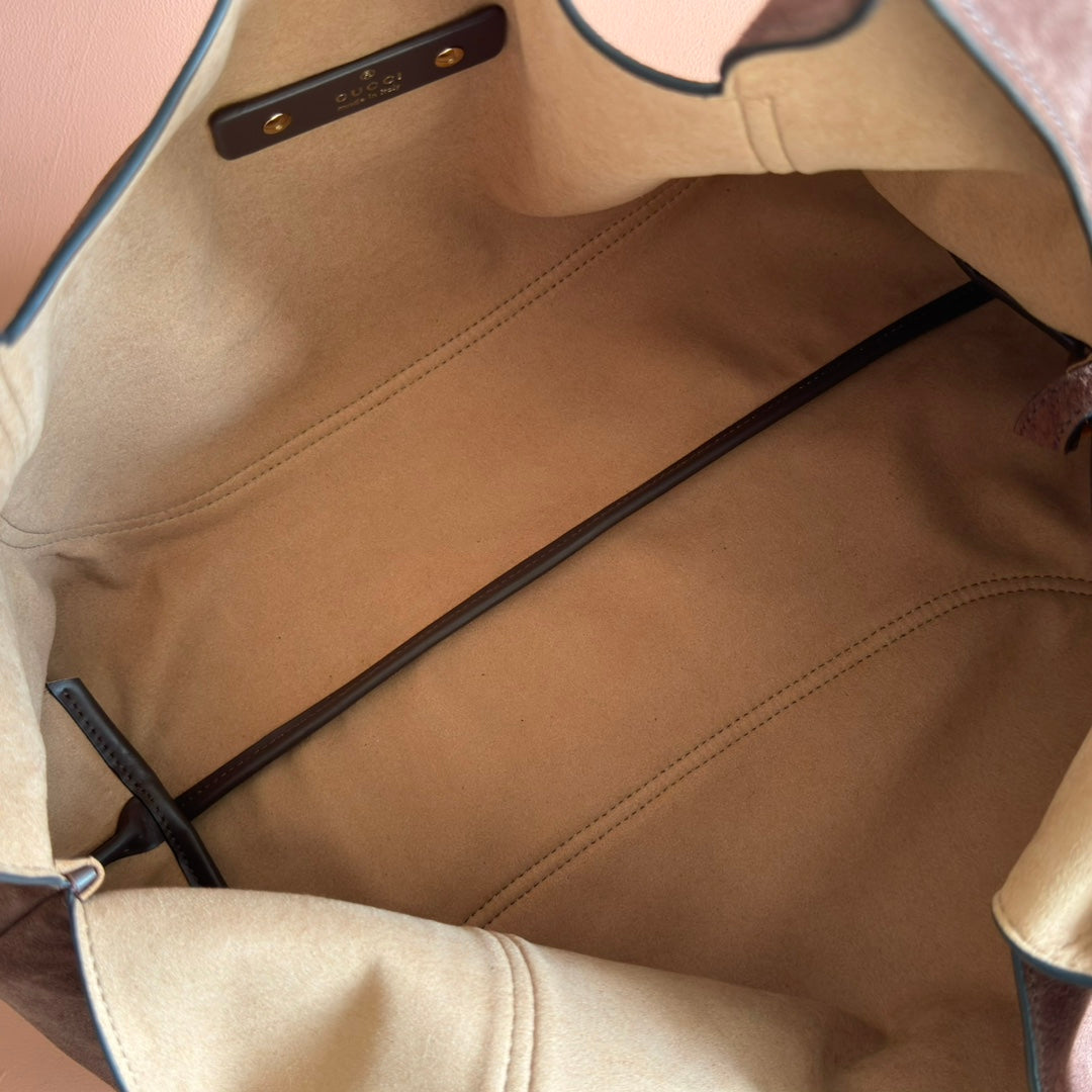 GUCCI 25S HANDBAG 46 CM IN DARK CACAO BROWN SUEDE WITH GOLD HARDWARE