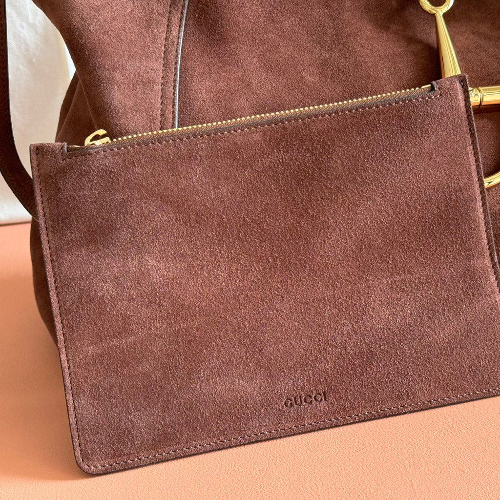 GUCCI 25S HANDBAG 46 CM IN DARK CACAO BROWN SUEDE WITH GOLD HARDWARE