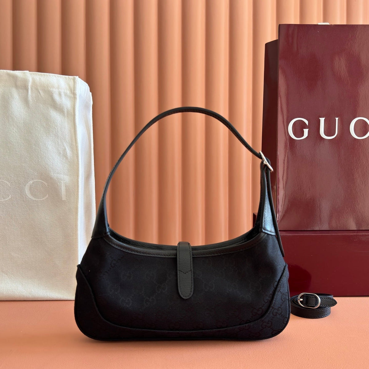 GUCCI 26S JACKIE SLIM SHOULDER BAG 27 IN BLACK CANVAS