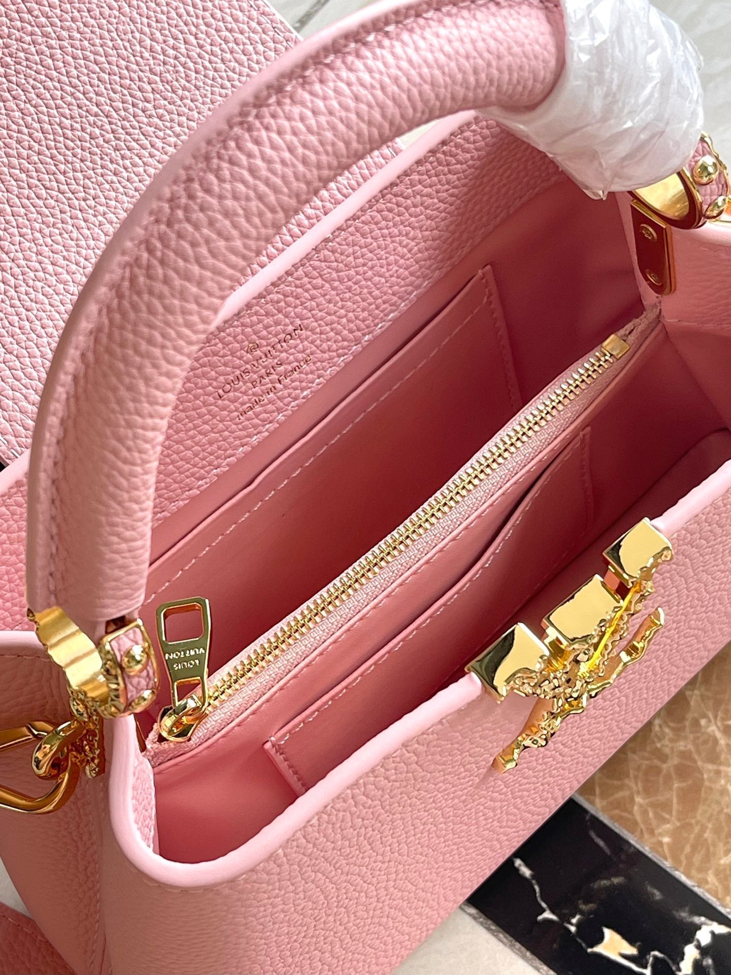 LOUIS VUITTON CAPUCINES EAST-WEST MINI 22 IN BLUSH PINK CALFSKIN GOLD HARDWARE