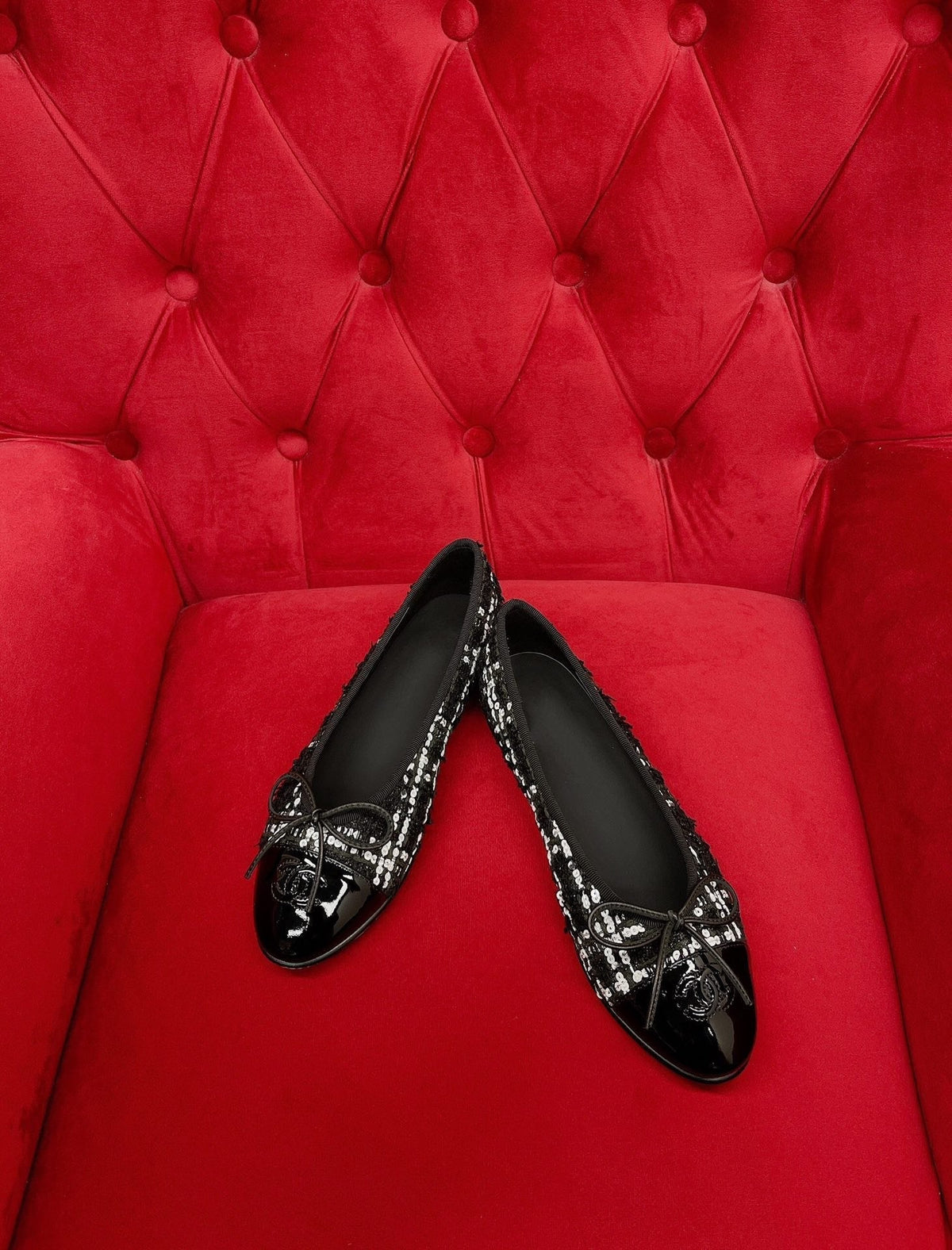 CHANEL ballet flat black white tweed lambskin