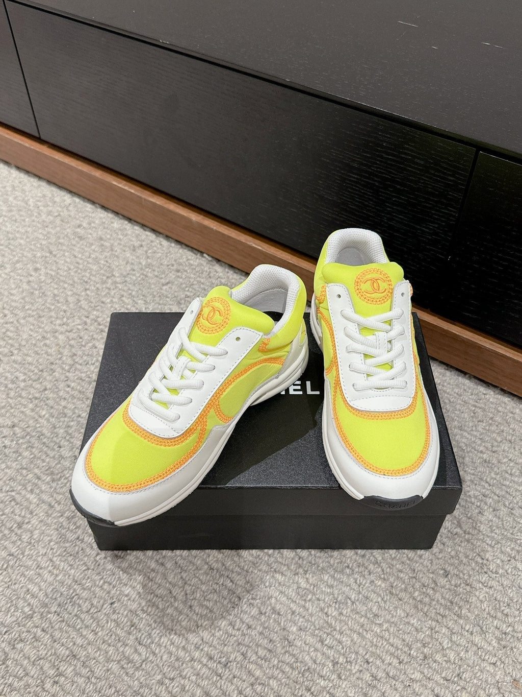 CHANEL CLASSIC TRAINER IN YELLOW MIX WHITE FABRIC