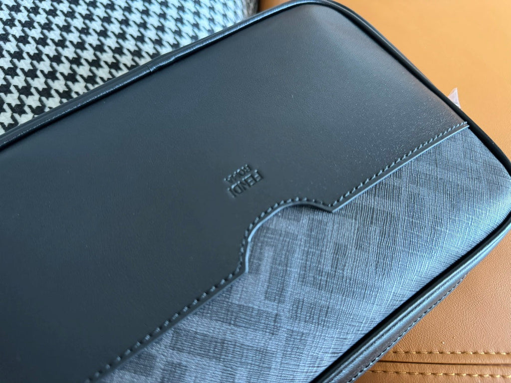 CLUTCH 22 WITH FF MOTIF IN DARK GRAY TEXTURED FABRIC AND BLACK LAMBSKIN TRIM