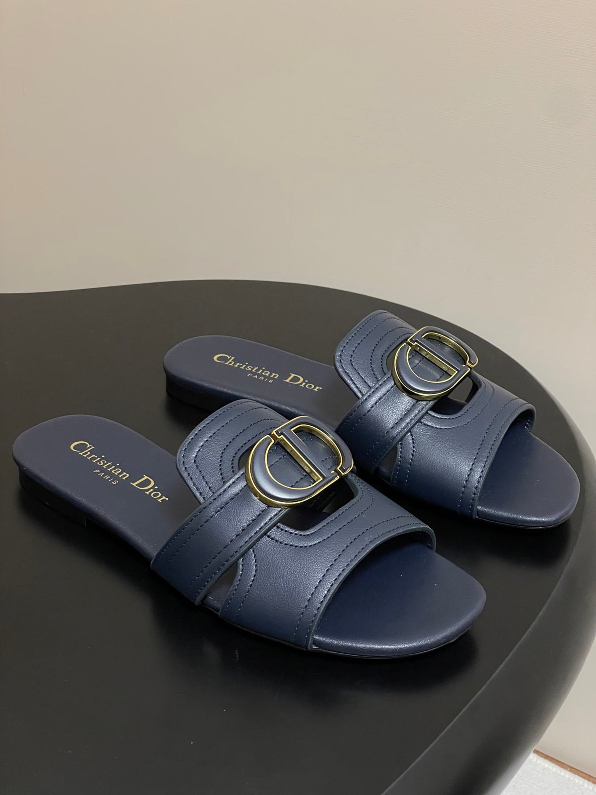 DIOR CLASSIC MONTAIGNE SANDALS 25S IN MIDNIGHT BLUE LAMBSKIN WITH CD LOGO
