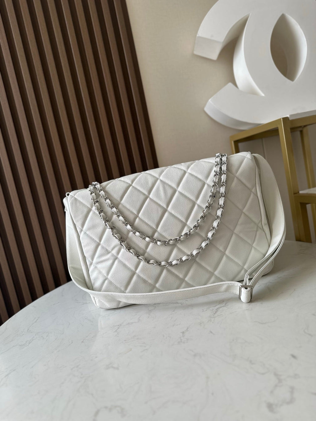 CHANEL 25S SHOULDER BAG 34 IN WHITE CAVIAR WITH SILVER HARDWARE