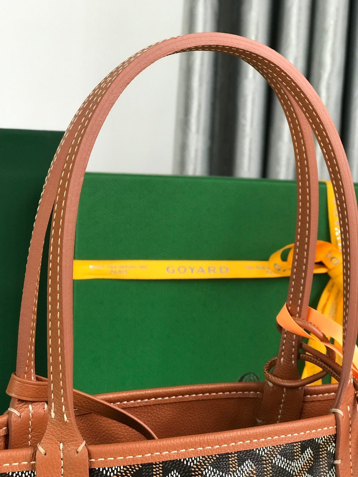 ANJOU MINI BAG 20 IN TAN CALFSKIN AND BLACK GOYARDINE CANVAS