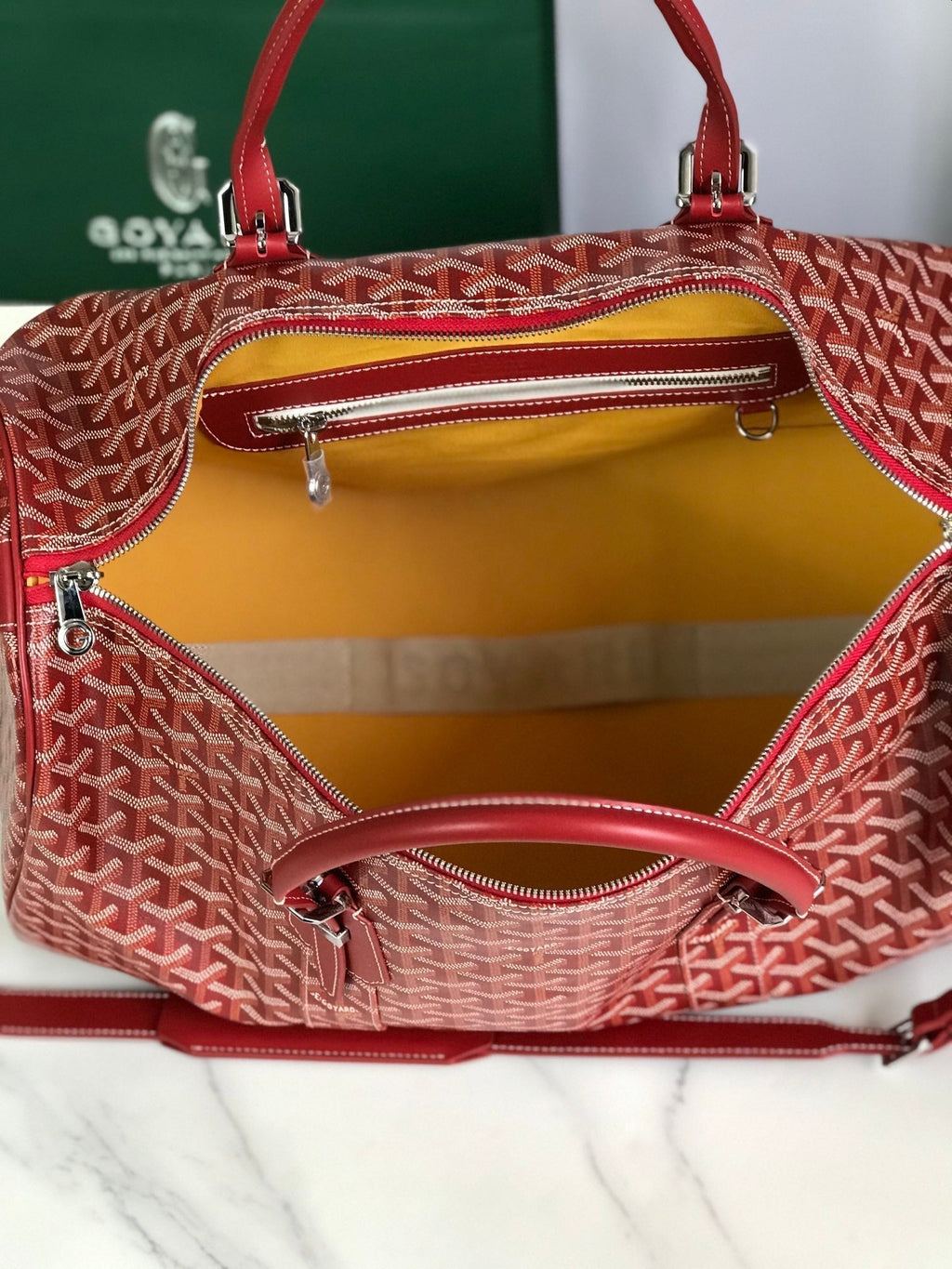 BOSTON 50 BAG IN RED GOYARDINE CANVAS AND CALFSKIN TRIM