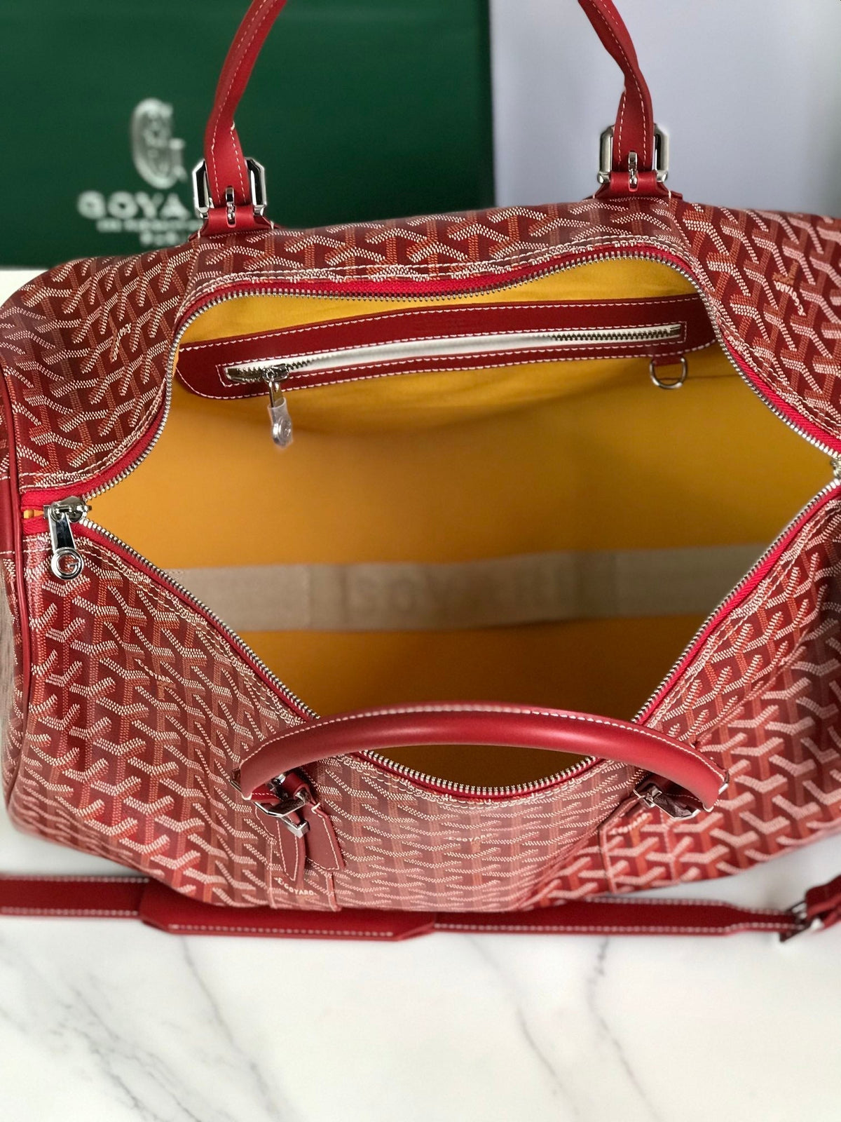 BOSTON 50 BAG IN RED GOYARDINE CANVAS AND CALFSKIN TRIM