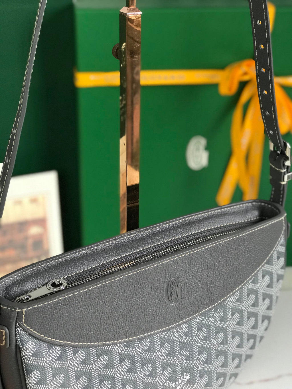 HIRONDELLE BAG 25 IN GRAY LAMBSKIN AND GOYARDINE CANVAS