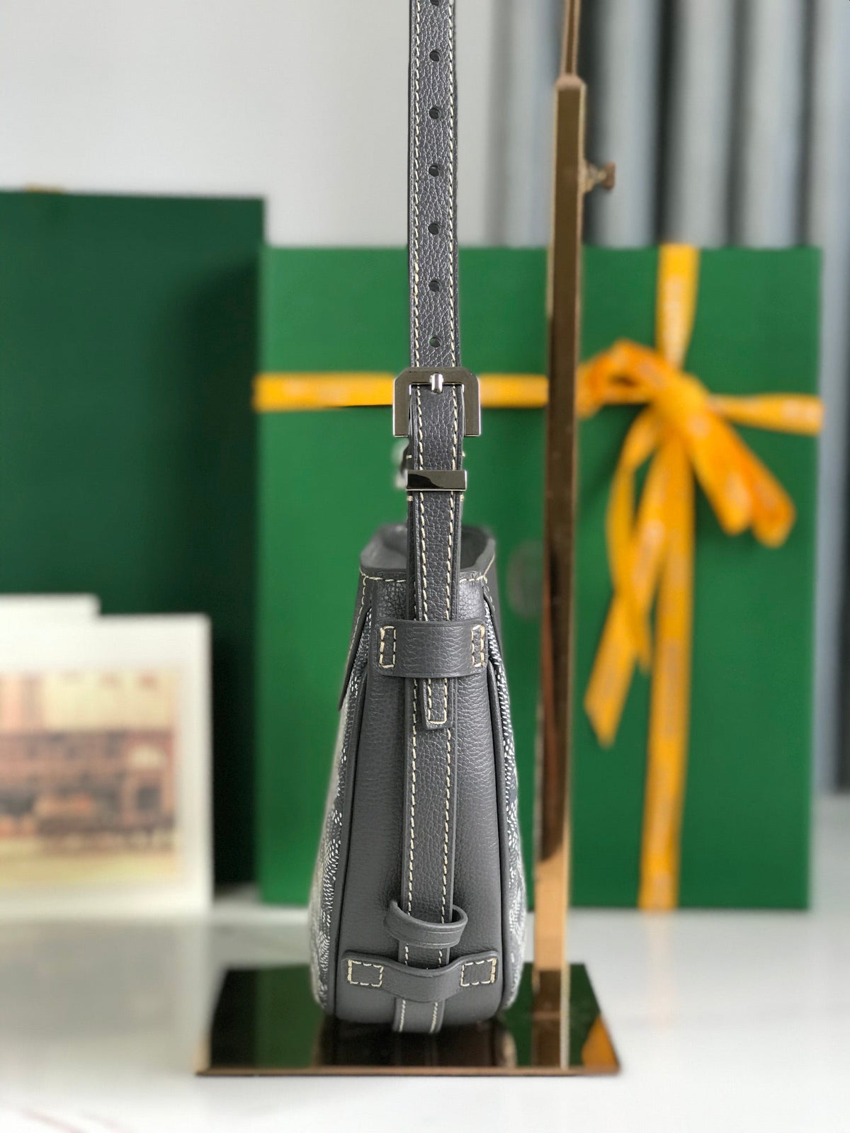 HIRONDELLE BAG 25 IN GRAY LAMBSKIN AND GOYARDINE CANVAS