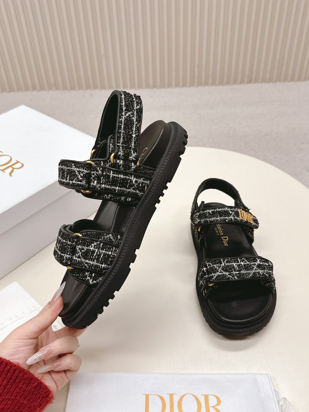 DIOR BACK-STRAP SANDALS 25S IN BLACK TWEED AND CALFSKIN