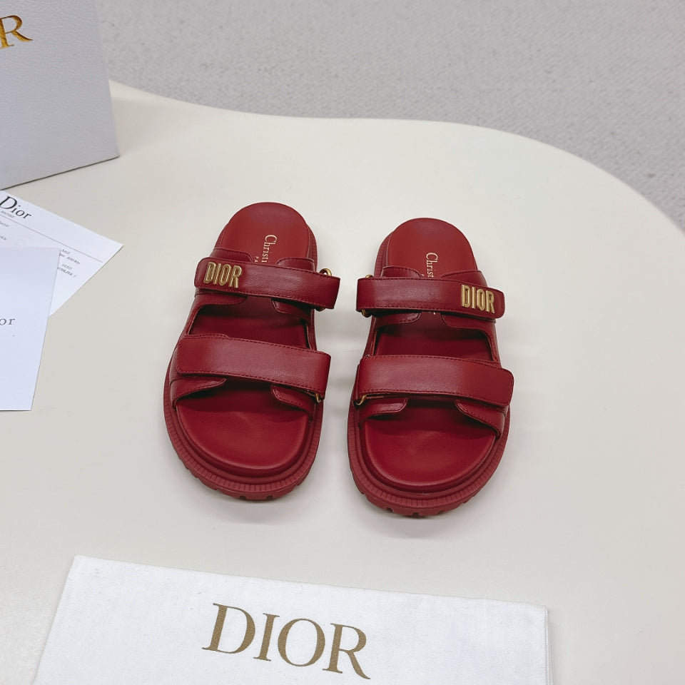 DIOR CLASSIC DOUBLE-STRAP SLIDES 25S IN DARK RED CALFSKIN