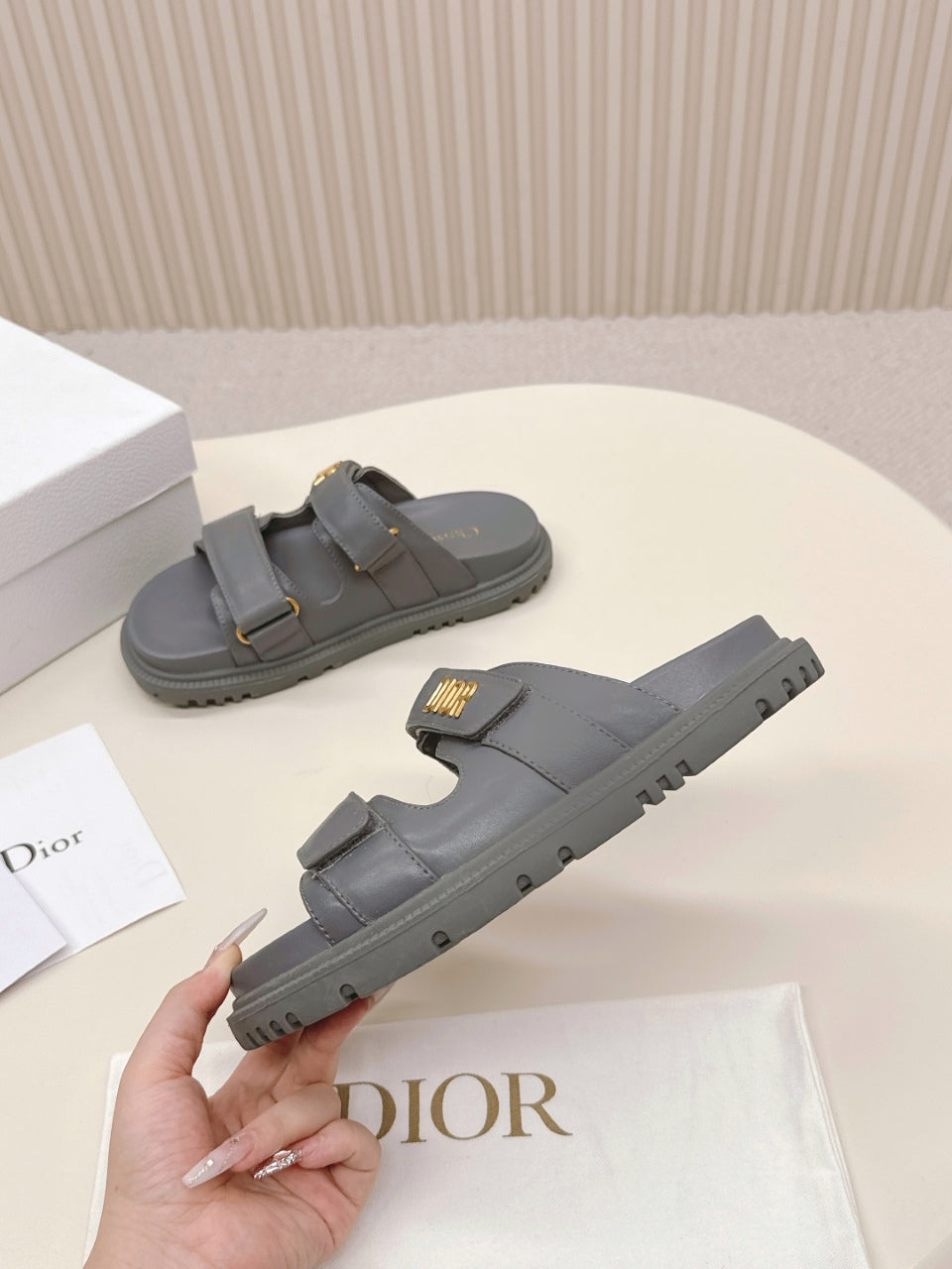 DIOR CLASSIC DOUBLE-STRAP SLIDES 25S IN ASH GRAY CALFSKIN