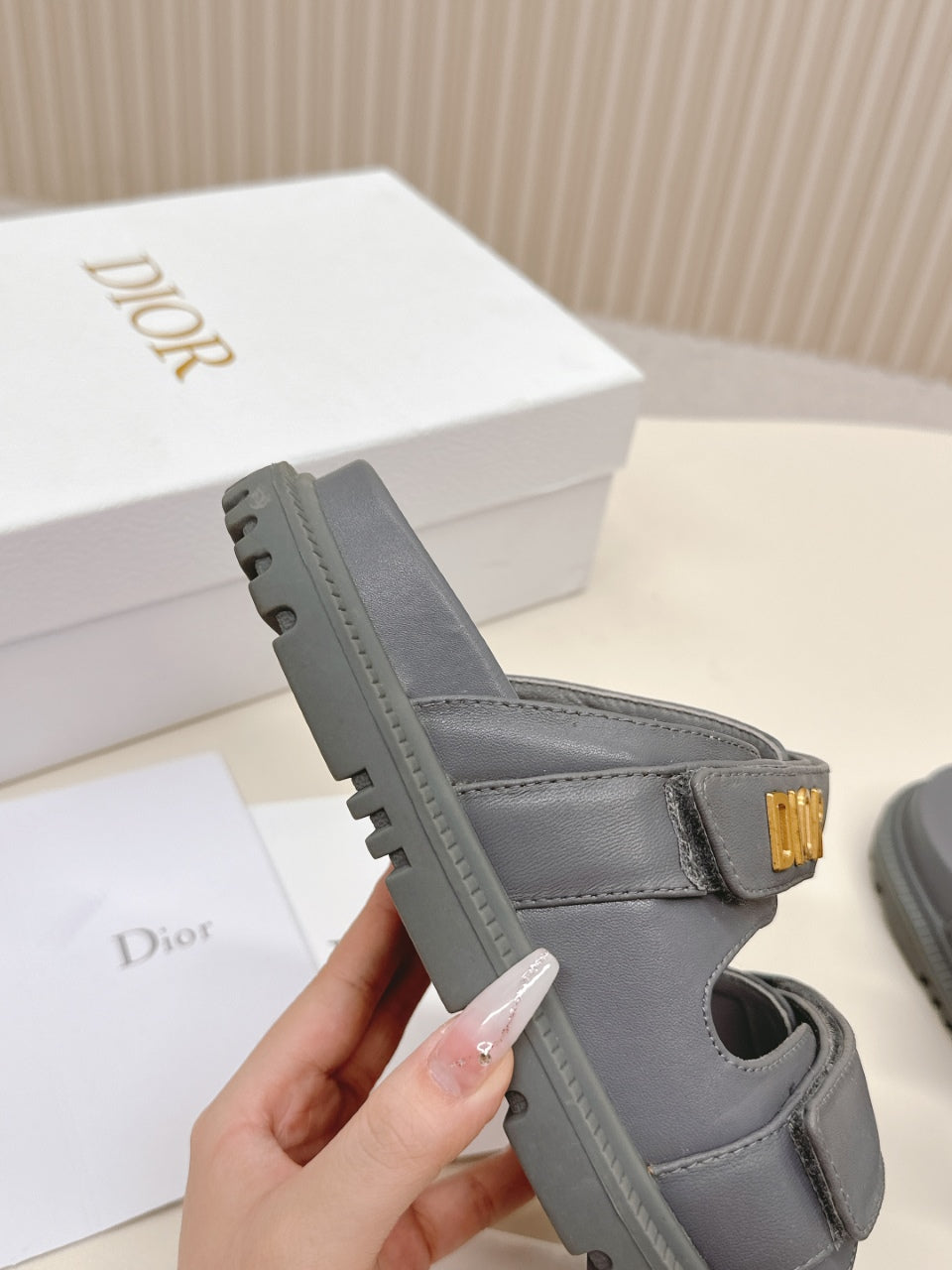 DIOR CLASSIC DOUBLE-STRAP SLIDES 25S IN ASH GRAY CALFSKIN