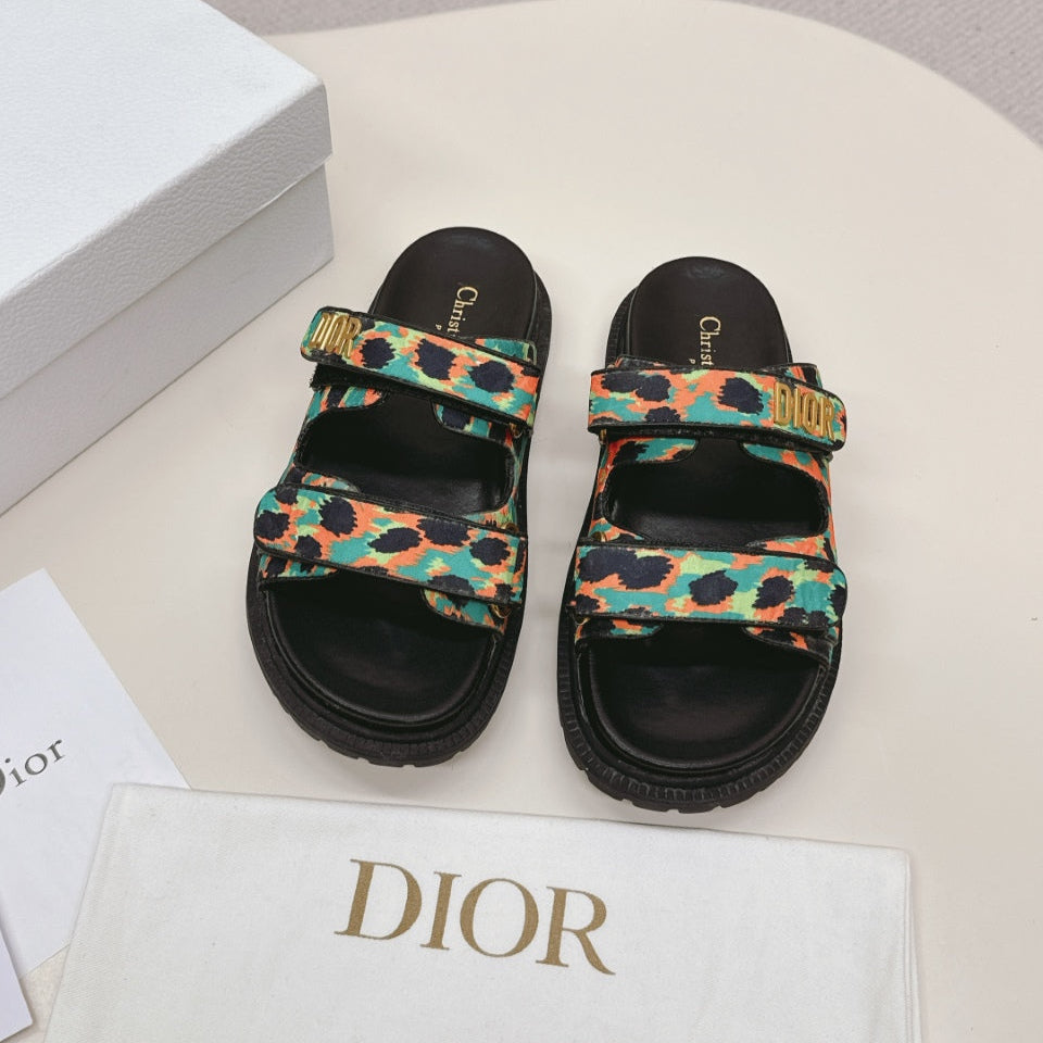 DIOR CLASSIC DOUBLE-STRAP SLIDES 25S IN MULTICOLOR FABRIC AND CALFSKIN