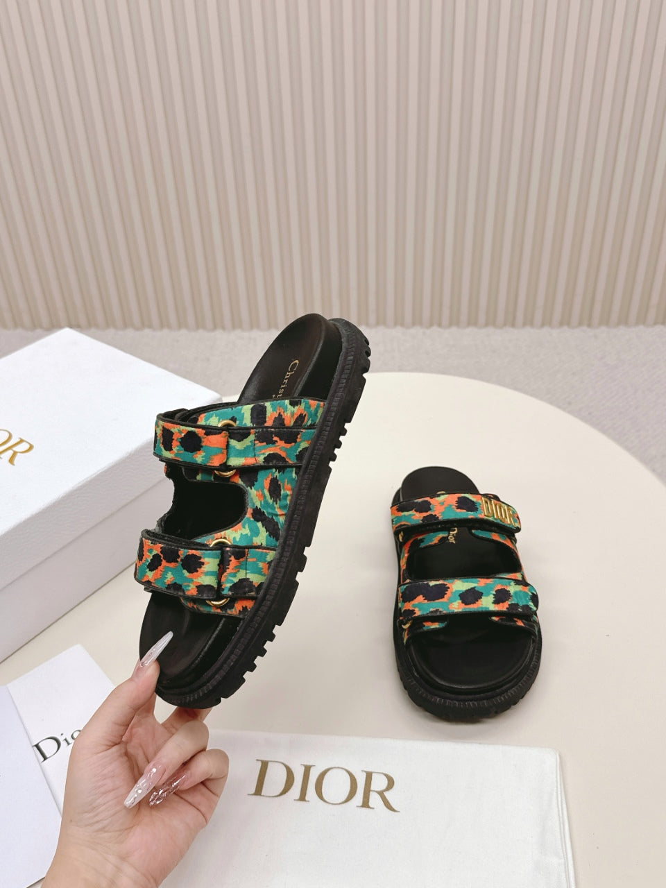 DIOR CLASSIC DOUBLE-STRAP SLIDES 25S IN MULTICOLOR FABRIC AND CALFSKIN