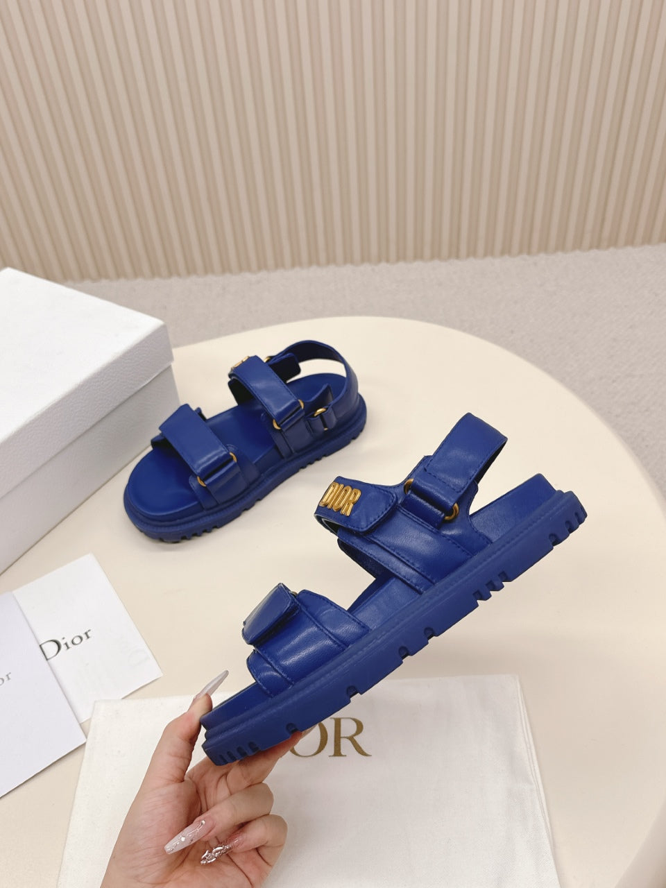 DIOR BACK-STRAP SANDALS 25S IN NAVY BLUE CALFSKIN WITH GOLD HARDWARE