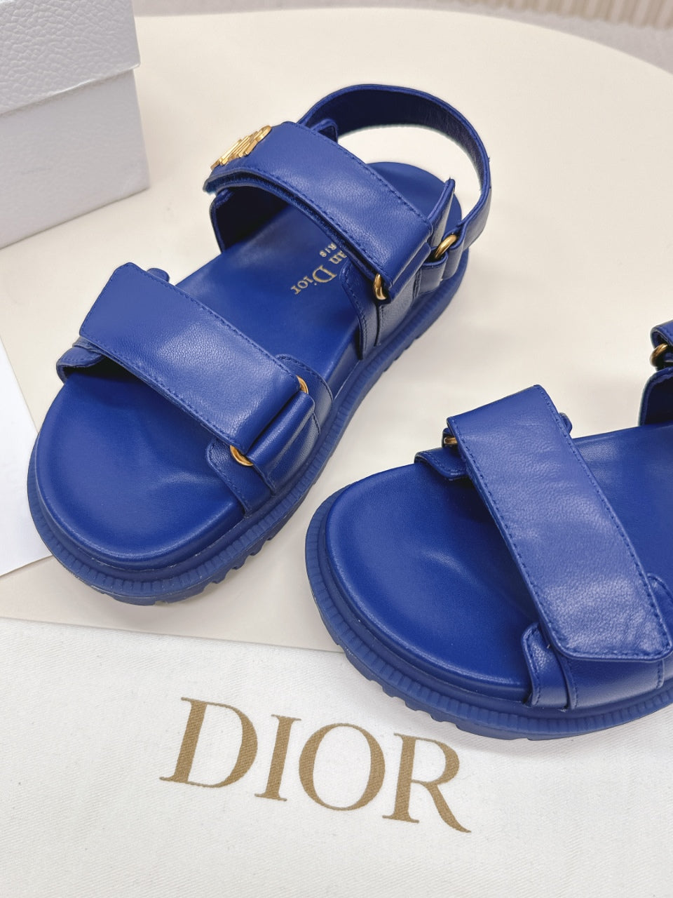 DIOR BACK-STRAP SANDALS 25S IN NAVY BLUE CALFSKIN WITH GOLD HARDWARE