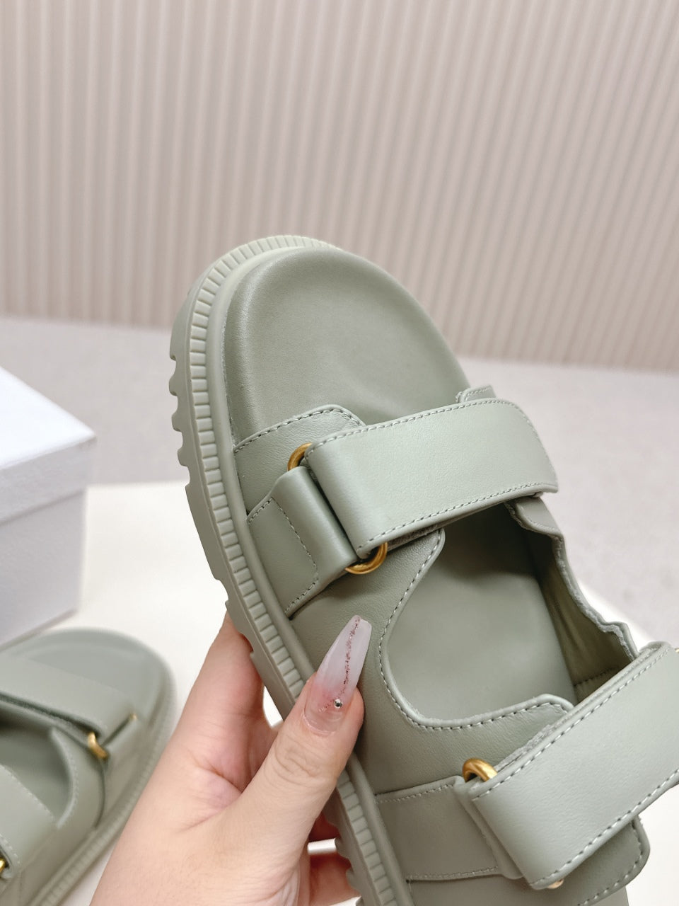DIOR CLASSIC DOUBLE-STRAP SLIDES 25S IN LIGHT MOSS GREEN CALFSKIN