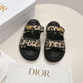 DIOR CLASSIC DOUBLE-STRAP SLIDES 25S IN BROWN MIX BLACK FABRIC AND CALFSKIN WITH LEOPARD PRINT