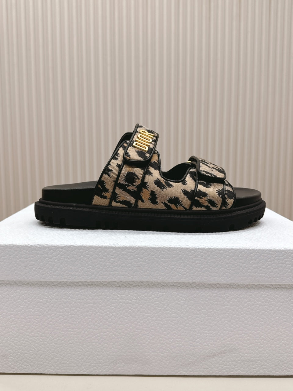 DIOR CLASSIC DOUBLE-STRAP SLIDES 25S IN BROWN MIX BLACK FABRIC AND CALFSKIN WITH LEOPARD PRINT