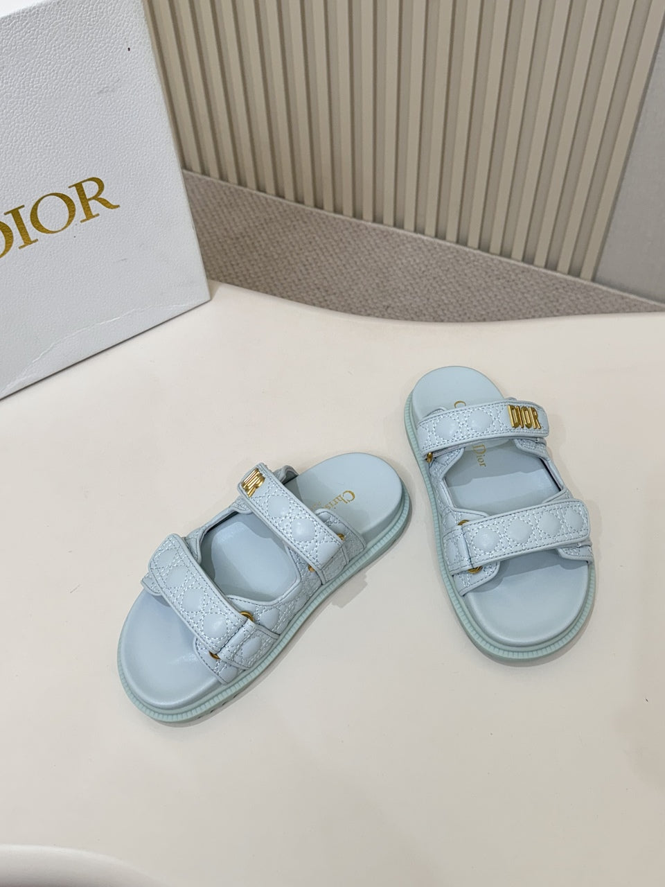 DIOR CLASSIC DOUBLE-STRAP SLIDES 25S IN PASTEL BLUE CALFSKIN