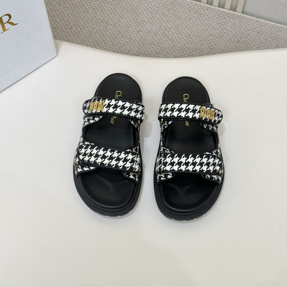 DIOR CLASSIC DOUBLE-STRAP SLIDES 25S IN WHITE MIX BLACK TWEED AND CALFSKIN