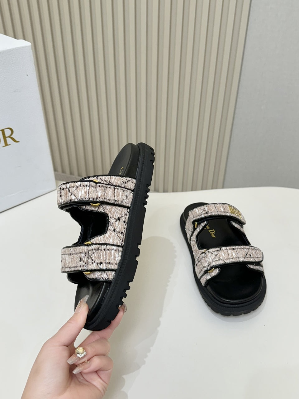 DIOR CLASSIC DOUBLE-STRAP SLIDES 25S IN SOFT ROSE BEIGE TWEED AND BLACK CALFSKIN