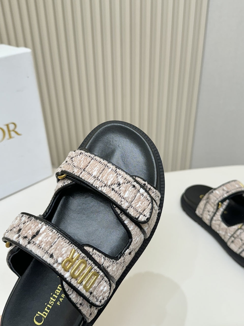 DIOR CLASSIC DOUBLE-STRAP SLIDES 25S IN SOFT ROSE BEIGE TWEED AND BLACK CALFSKIN