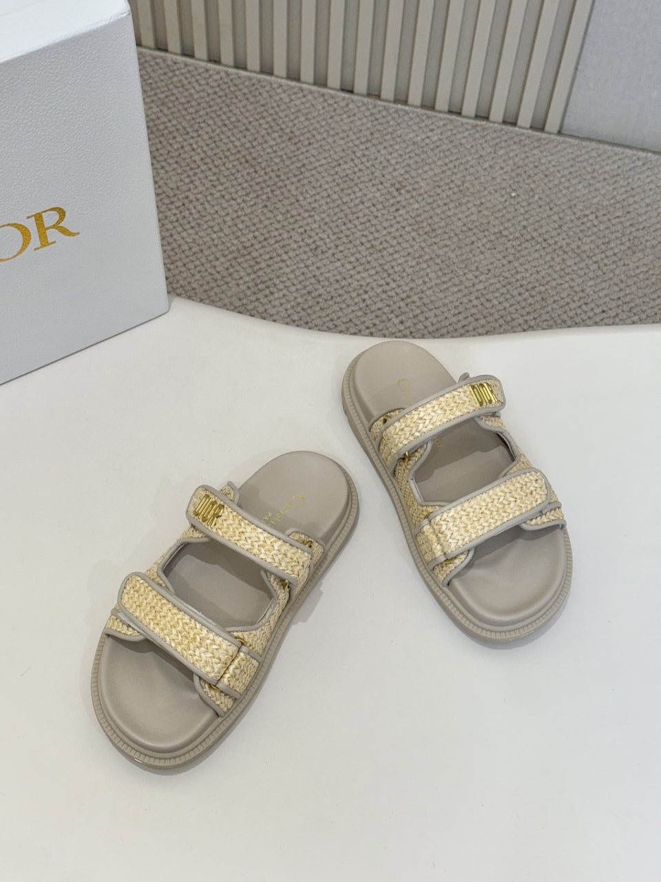 DIOR CLASSIC DOUBLE-STRAP SLIDES 25S IN BEIGE RAFFIA AND GREY CALFSKIN