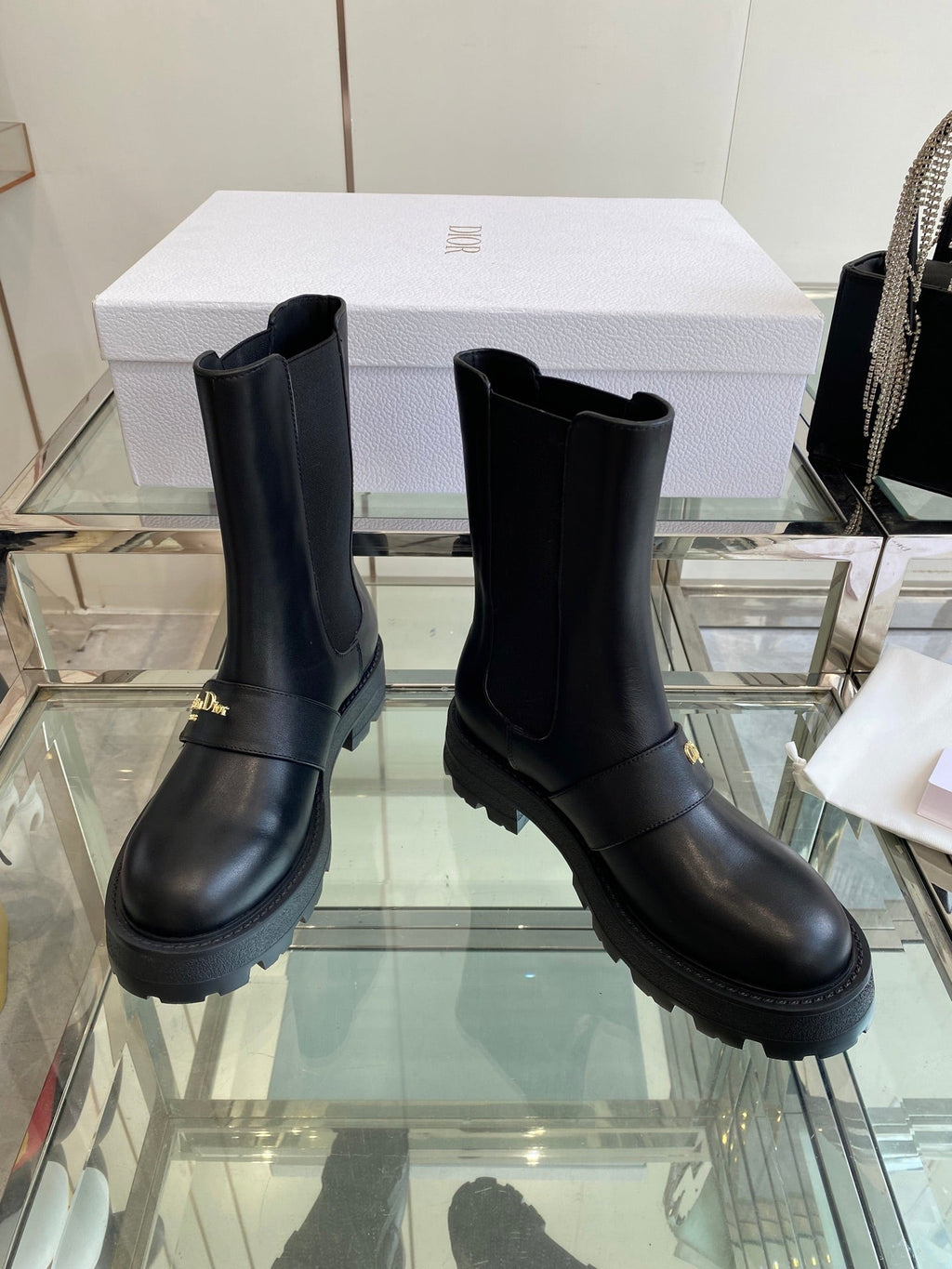 DIOR 25S D-QUEST ANKLE BOOT 35MM IN BLACK CALFSKIN GOLD HARDWARE