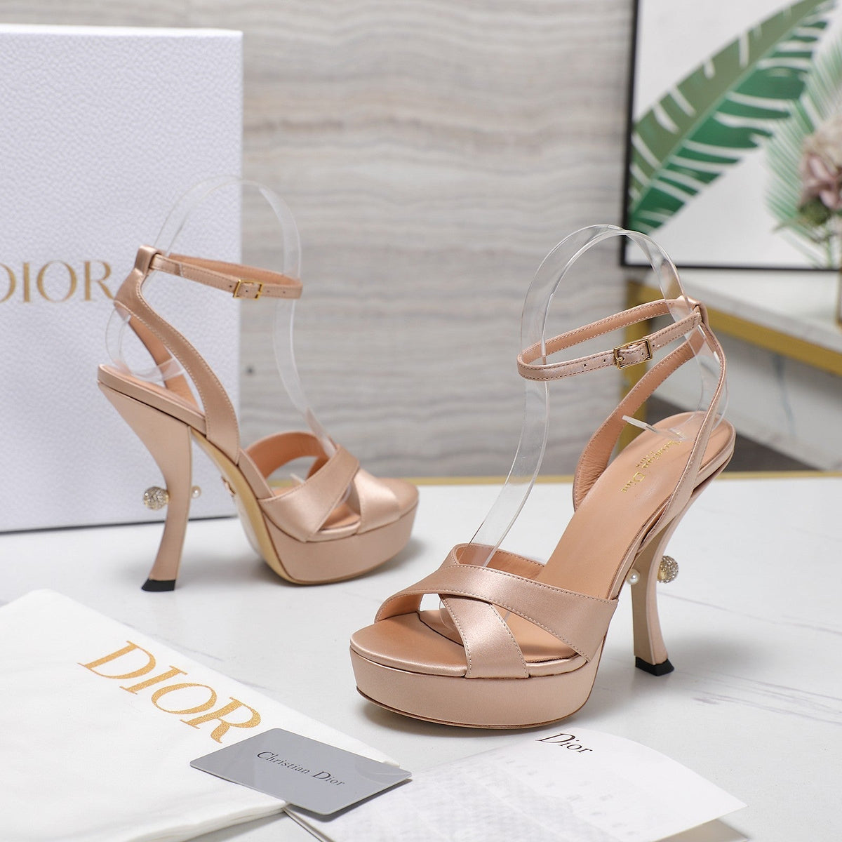 DIOR PEARL-EMBELLISHED HIGH HEEL SANDALS 25S 115 MM IN BEIGE SATIN
