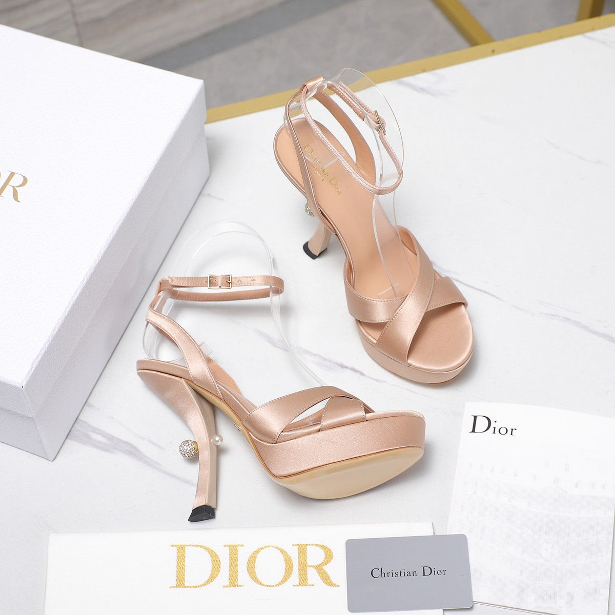 DIOR PEARL-EMBELLISHED HIGH HEEL SANDALS 25S 115 MM IN BEIGE SATIN